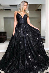 Amazing Black Sequins Long Evening Prom Dress Spaghetti-Straps-Dbrbridal