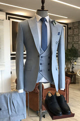 Amazing Blue 3-Pieces Double Breasted Waistcoat Slim Fit Business Suits For Men-Dbrbridal