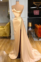 Amazing Champagne Long Prom Dress With Split On Sale Strapless-Dbrbridal