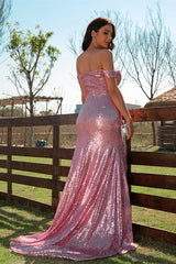 Amazing Dusty Pink Off-the-shoulder Mermaid Evening Dress With Slit Sequins-Dbrbridal