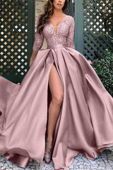 Amazing Lace Prom Dress Long Split On Sale 3/4 Sleeves-Dbrbridal