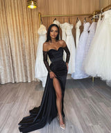 Amazing Long Black Mermaid Front Split Long Sequins Evening Party Gowns-Dbrbridal