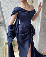 Amazing Long Navy Off-the-Shoulder Mermaid Evening Party Gowns Long Slit Online-Dbrbridal