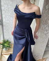 Amazing Long Navy Off-the-Shoulder Mermaid Evening Party Gowns Long Slit Online-Dbrbridal