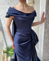Amazing Long Navy Off-the-Shoulder Mermaid Evening Party Gowns Long Slit Online-Dbrbridal