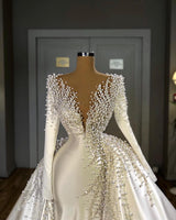 Amazing Long Sleeve Pearls Wedding Dress V-Neck With Detachable Train On Sale-Dbrbridal