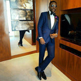 Amazing Navy Blue Gorgeous Bespoke Shawl Lapel Wedding Groom Suits Online-Dbrbridal