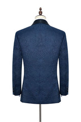 Amazing Navy Blue Mens Suits for Weddings Jacquard Black Silk Shawl Lapel Prom Suits-Dbrbridal