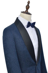 Amazing Navy Blue Mens Suits for Weddings Jacquard Black Silk Shawl Lapel Prom Suits-Dbrbridal