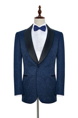Amazing Navy Blue Mens Suits for Weddings Jacquard Black Silk Shawl Lapel Prom Suits-Dbrbridal