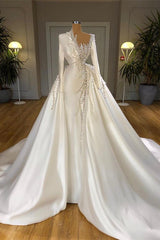 Amazing Pearls Wedding Dresses Mermaid With Detachable Train Long Sleeves-Dbrbridal