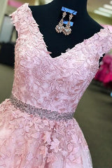 Amazing Pink Off-the-Shoulder Prom Dresses Applique Crystal Sleeveless Evening Dresses with Belt-Dbrbridal