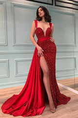 Amazing Red Beadings Mermaid Prom Dress Split With Ruffles Sequins-Dbrbridal