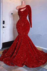 Amazing Red Long Sleeves Prom Dress One-Shoulder Mermaid With Sequins-Dbrbridal