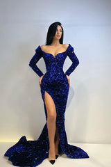 Amazing Sequins Mermaid Ball Dresses Split Prom Dresses Long Sleeves-Dbrbridal