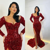 Amazing Sequins Mermaid Ball Dresses Split Prom Dresses Long Sleeves-Dbrbridal