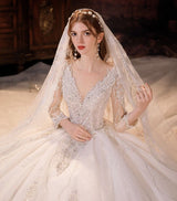 Amazing V-Neck Ball Gown Wedding Dress With Sequins Crystals Long Sleeves-Dbrbridal