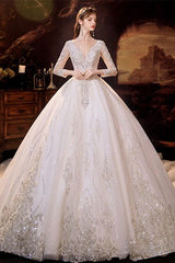 Amazing V-Neck Ball Gown Wedding Dress With Sequins Crystals Long Sleeves-Dbrbridal