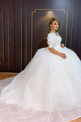 Amazing Vintage Ball Gown Wedding Dress With Lace Appliques Bubble Sleeves-Dbrbridal