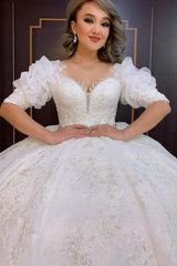 Amazing Vintage Ball Gown Wedding Dress With Lace Appliques Bubble Sleeves-Dbrbridal