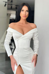 Amazing White Mermaid Evening Dress Off-the-shoulder Split Prom Gown Long Sleeves-Dbrbridal