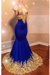 Appliques Spaghetti Sleeveless V-Neck Mermaid Prom Dresses-Dbrbridal