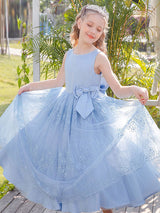 Baby Blue Jewel Neck Sleeveless Bows Lace Tulle Polyester Kids Social Party Dresses-Dbrbridal