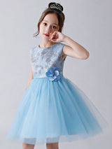 Baby Blue Jewel Neck Sleeveless Bows Tulle Polyester Kids Party Dresses-Dbrbridal