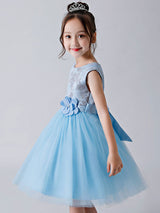 Baby Blue Jewel Neck Sleeveless Bows Tulle Polyester Kids Party Dresses-Dbrbridal