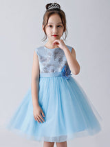 Baby Blue Jewel Neck Sleeveless Bows Tulle Polyester Kids Party Dresses-Dbrbridal
