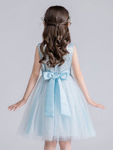 Baby Blue Jewel Neck Tulle Sleeveless Short Princess Dress Bows Kids Social Party Dresses-Dbrbridal