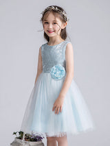 Baby Blue Jewel Neck Tulle Sleeveless Short Princess Dress Bows Kids Social Party Dresses-Dbrbridal