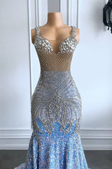 Baby Blue Mermaid Prom Dress with Sequined Sleeveless Design and Crystal Embellishments-Dbrbridal