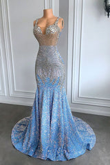 Baby Blue Mermaid Prom Dress with Sequined Sleeveless Design and Crystal Embellishments-Dbrbridal