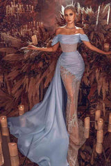 Baby Blue Mermaid Split Tulle Dress With Sequins-Dbrbridal