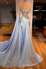 Baby Blue One Shoulder Mermaid Prom Dress with Ruffles Sequins and Beads-Dbrbridal