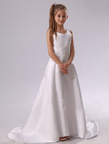 Backless Applique Satin White flower girl dress-Dbrbridal