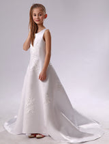 Backless Applique Satin White flower girl dress-Dbrbridal