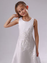 Backless Applique Satin White flower girl dress-Dbrbridal