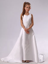 Backless Applique Satin White flower girl dress-Dbrbridal