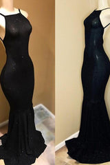 Backless black prom dress, sequins evening gowns-Dbrbridal