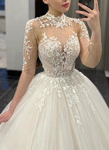 Ball-Gown Illusion Neck Long Sleeves Court Train Lace Tulle Wedding Dresses-Dbrbridal