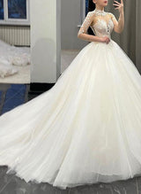 Ball-Gown Illusion Neck Long Sleeves Court Train Lace Tulle Wedding Dresses-Dbrbridal