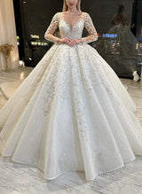 Ball-Gown Illusion Neck Long Sleeves Lace Tulle Wedding Dresses-Dbrbridal
