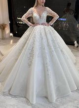Ball-Gown Illusion Neck Long Sleeves Lace Tulle Wedding Dresses-Dbrbridal