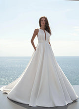 Ball-Gown Lace Back Wedding Dresses Scoop Neck Court Train-Dbrbridal