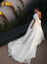 Ball-Gown One-Shoulder Sleeveless Organza Court Train Wedding Dress Featuring Bow Detail-Dbrbridal