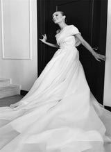 Ball-Gown One-Shoulder Sleeveless Organza Court Train Wedding Dress Featuring Bow Detail-Dbrbridal