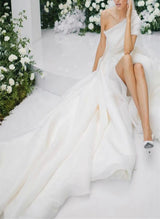 Ball-Gown One-Shoulder Sleeveless Organza Court Train Wedding Dress Featuring Bow Detail-Dbrbridal