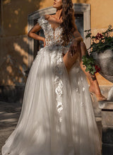 Ball-Gown One-Shoulder Sleeveless Tulle Wedding Dresses Flowers-Dbrbridal